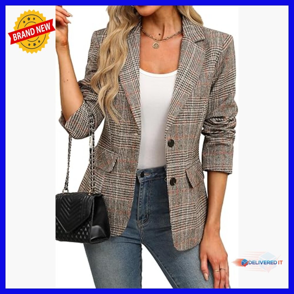 Women's Lapel Collar Plaid 2 Button Boyfriend Blazer Suit Houndstooth Work